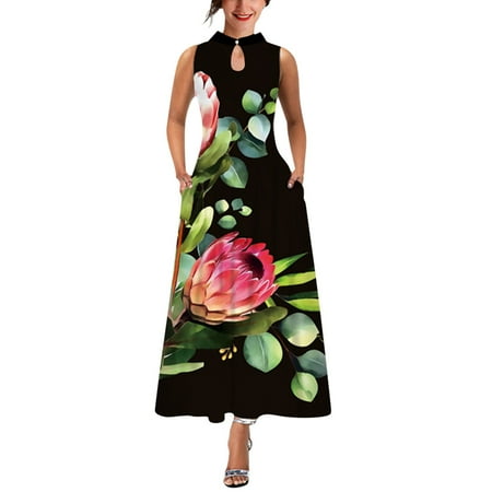 

ZIZOCWA Lingerie Set Dresses Of Women Women Summer Sleeveless Floral Print Stand Neck Maxi Loose Dress Boho Beach Long Sundress With Pockets Asian Floral Dresses For Women