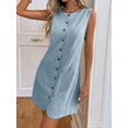 thumbnail image 4 of Baby Blue Womens Sleeveless Button-Front Pocket Mini Dress, 100% Cotton Casual Summer Dress, 4 of 7