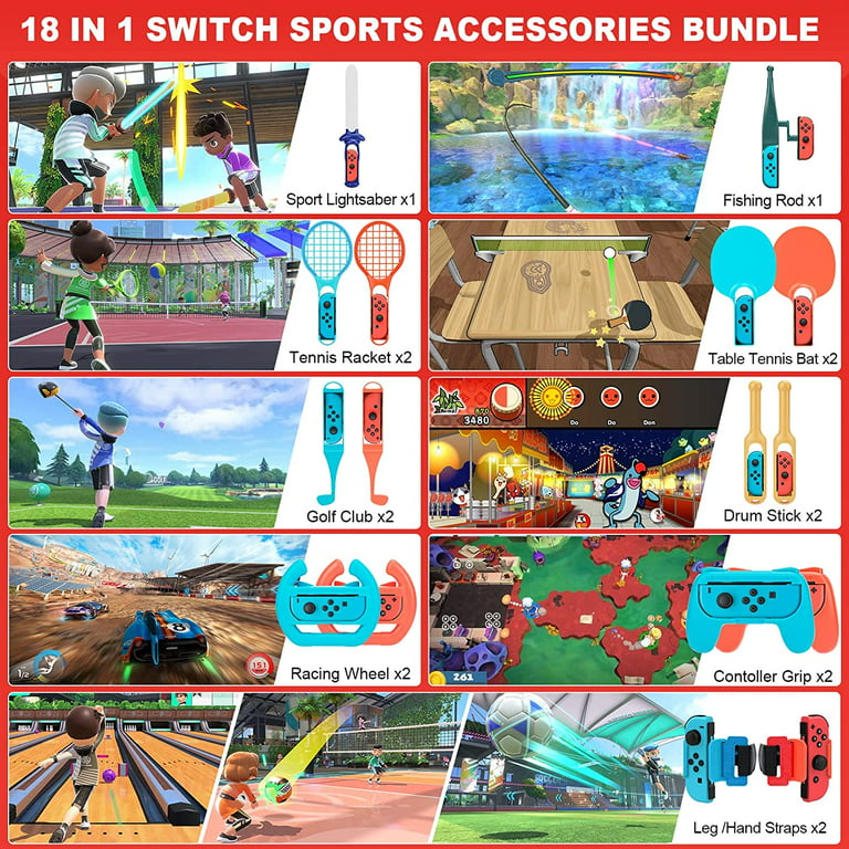 2022 Switch Sports Accessories Bundle 18 In 1 Accessories Kit for Nintendo  Switch Sports Games: Controller Racing Wheel, Golf Clubs, Hand straps,  Joy-con Controller Grips, Drum Sticks 
