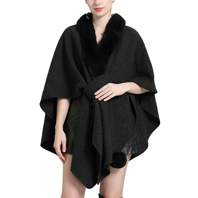 Cape Châle Tricotée Couleur Unie, Col Faux Élégant pour Femmes