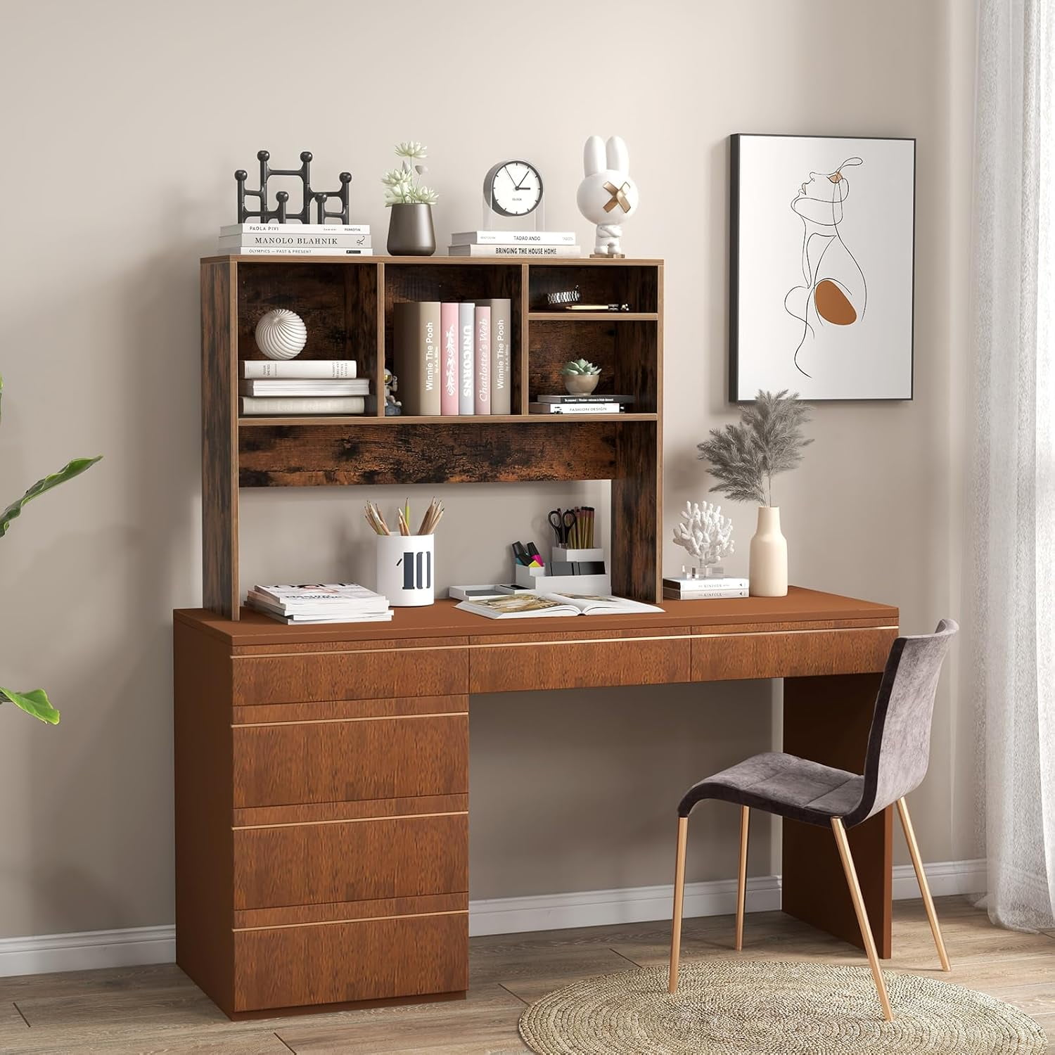 CRXX Desktop Bookshelf, Countertop Storage Hutch with 4 Shelves for Computer Desk, Dressing Tabletop Display Rack, Multipurpose Desk Hutch Storage Organizer for Home Office Dorm (Rustic Brown)