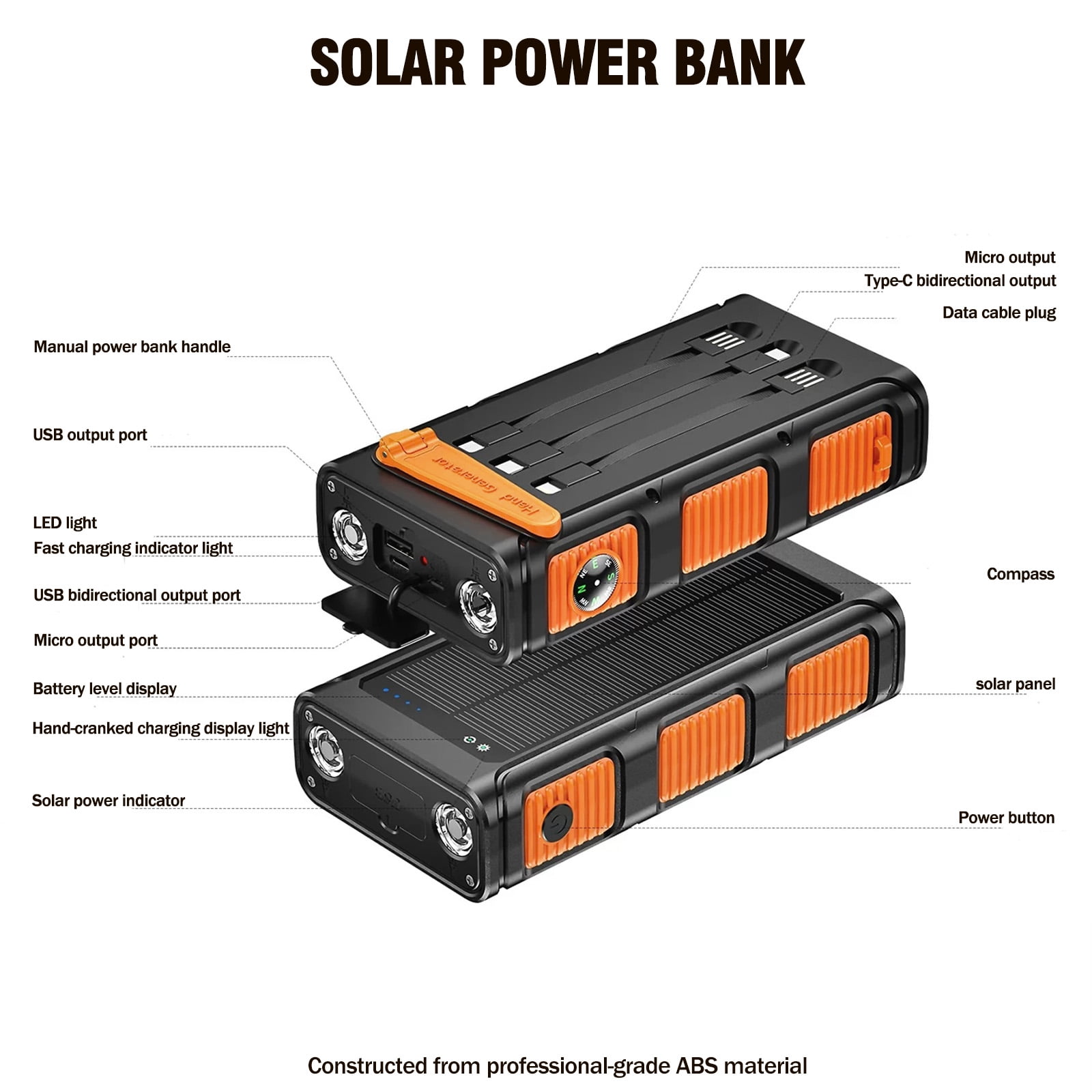 Power Bank Wireless Charger 49800mAh Built in Hand Crank and 3 Cables 18W Fast Charging Power Bank 7 Outputs & 4 Inputs Solar Portable Charger, SOS/Strobe/Strong Flashlights, Compass
