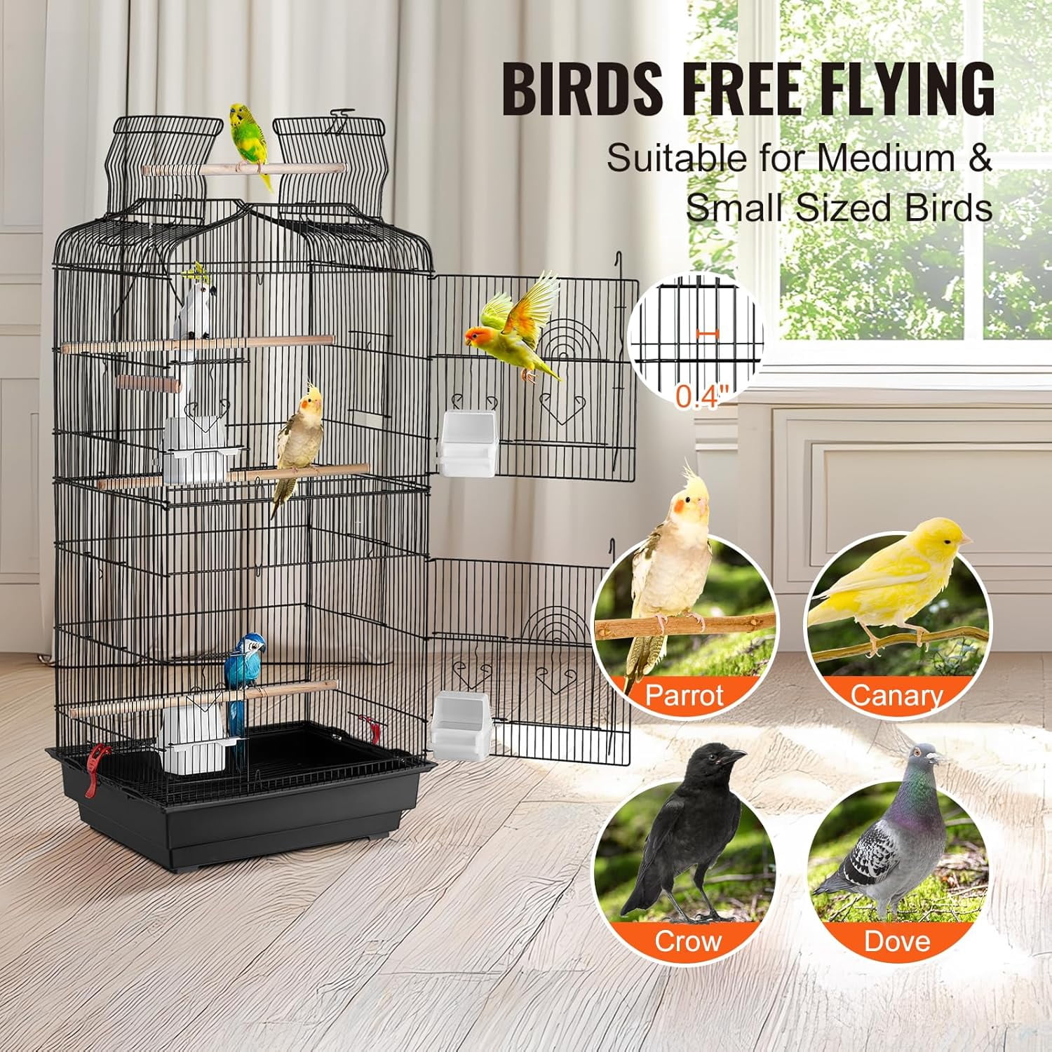 41-inch Open Top Large Parrot Bird Cage, Hanging Bird Cage for Parakeets Finches Canaries Lovebirds Cockatiels Budgies Small Quaker Conures Travel Pet Flight Birdcage with Swing and Perch
