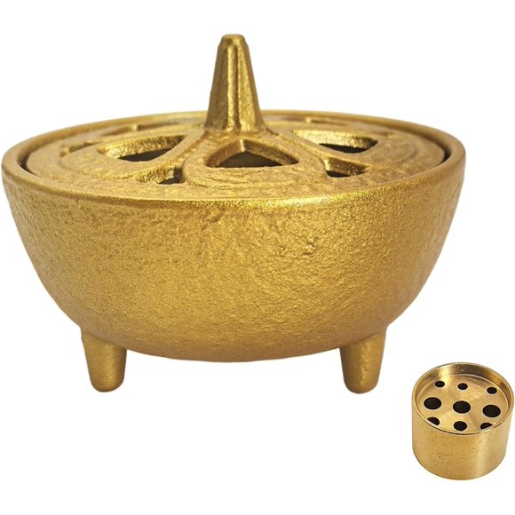 SECHUDO Small Cast Iron Incense Burner Holder, Home Decor, Bowl Design with Decorative Lid, Incense for Sticks, Resin, Cone Incense or Wax Melts (Golden)