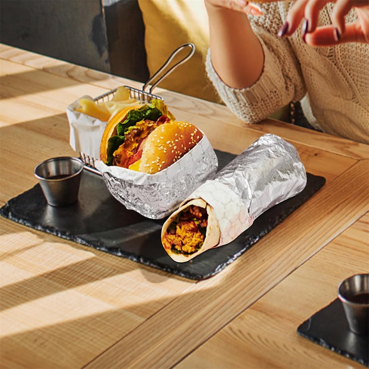 Aluminum Foil Wrap Sheets,100pcs Durable Sandwich Wrapper,QZS Portable Hamburger Wrapper for Home,Easy to Use,fit for Catering and Food Service
