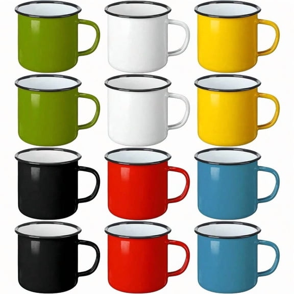 12 Pack Enamel Camping Mugs 12 oz Coffee Mugs with Handle Portable Camp Drinking Cups Bulk Vintage Metal Cups for Home Office Party plies Multi Colors