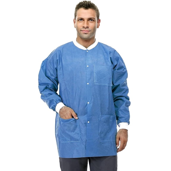 Disposable Lab Jackets, SMS Material, Hip Length, 3 Pockets, 10 Pack – Small, Blue