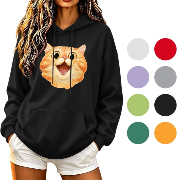 NSLGXD Funny Cat Print Women Oversized Hoodie 2026 Trendy Drawstring Hooded Sweatshirt Baggy Long Sleeve Comfort Casual Fall Tops with Pocket S-2XL
