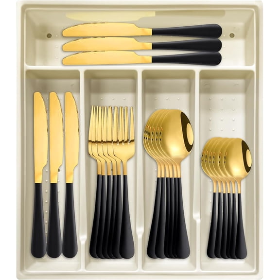24-Piece Flatware Set with Organizer, Heavy Duty Stainless Steel Silverware for 6, Black Cutlery Utensil Sets with Antiskid Handle, Rust-proof Stainless Steel Cutlery, Mirror Polished