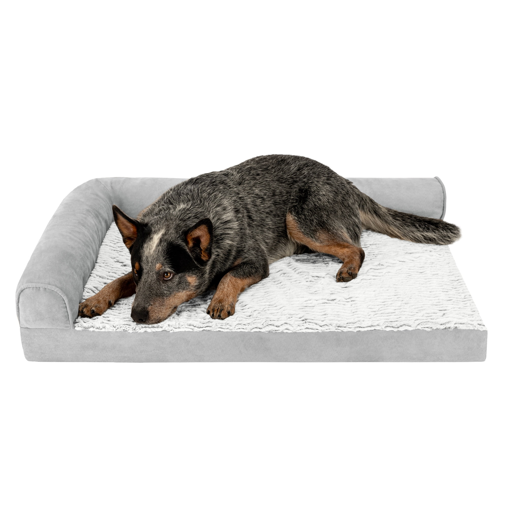 FurHaven Embossed Faux Fur & Suede Orthopedic L-Chaise Pet Bed, Gray, Large