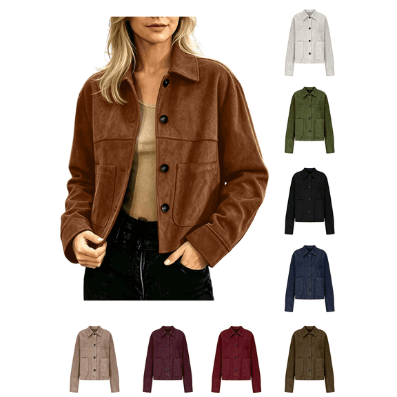 Zynoxe Womens Leather Jacket with Side Pockets Stylish Lapel Collar Cropped Jackets Women Versatile Solid Color Suede Jacket Classic Button Down Long Sleeve Jackets for Fall Winter S