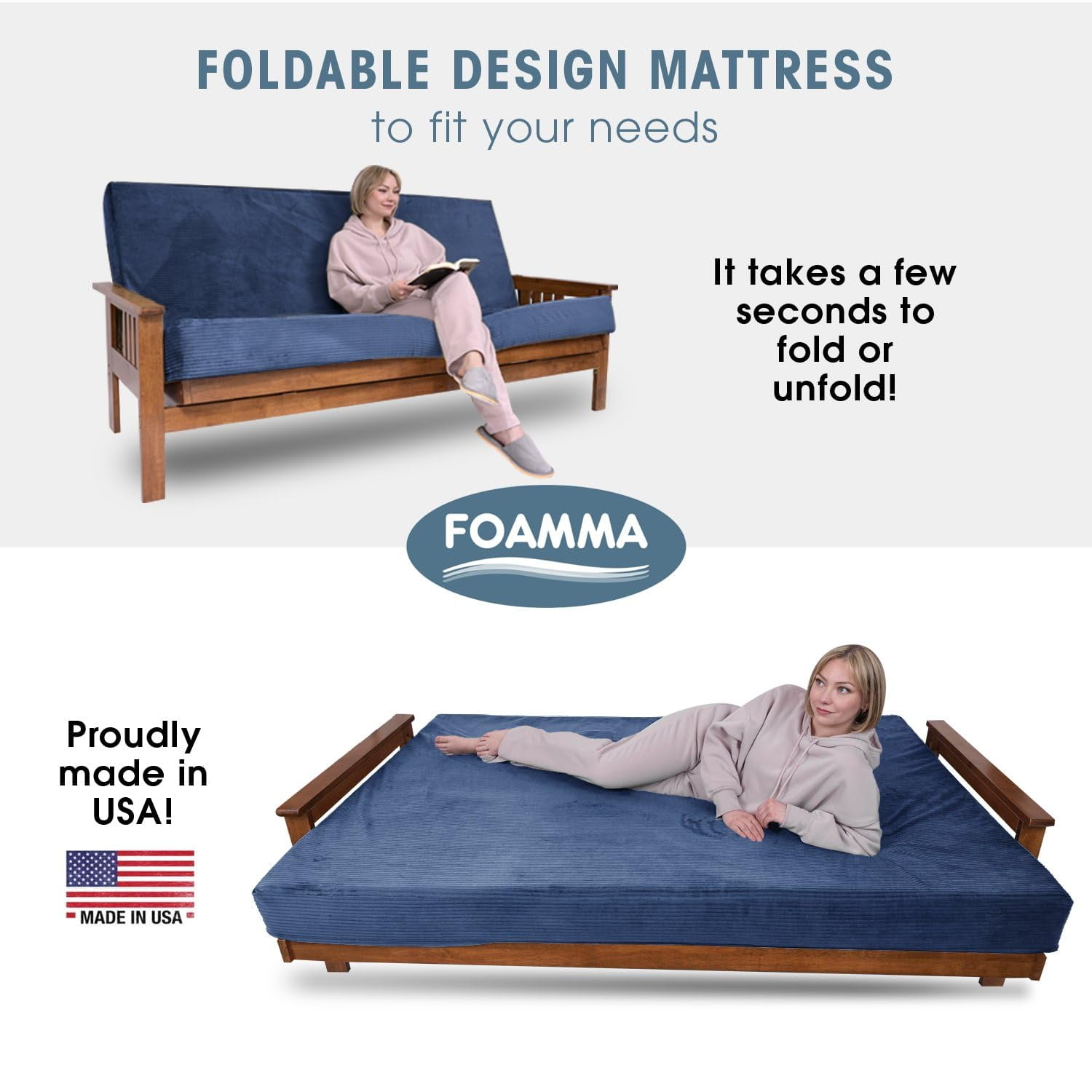 Foamma Memory Foam Futon Mattress, Double-Sided Foldout Couch Futon Mattress - Full Size (Navy) - Thick Corded, Heavy Duty, Comfortable Sofa Bed for All