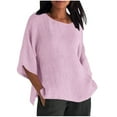 thumbnail image 2 of Womens Tops under $5 Cotton Linen Round Neck Shirt Solid Casual T-shirt Pink S, 2 of 6