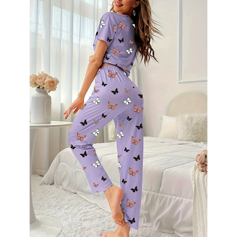 1PC Women s Sleepwear Loungewear Butterfly Print Pajama Set includes a Short Sleeve Crew Neck Top and Elastic Waistband Pants Walmart