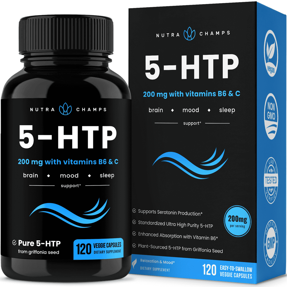 NutraChamps 5-HTP Supplement 200mg - 120 Vegan Capsules - Natural Support for Brain, Mood Boost & Sleep Supplement - Calm & Relaxing Serotonin Boost - 5 HTP 100mg Pills with Vitamin B6 & Vitamin C