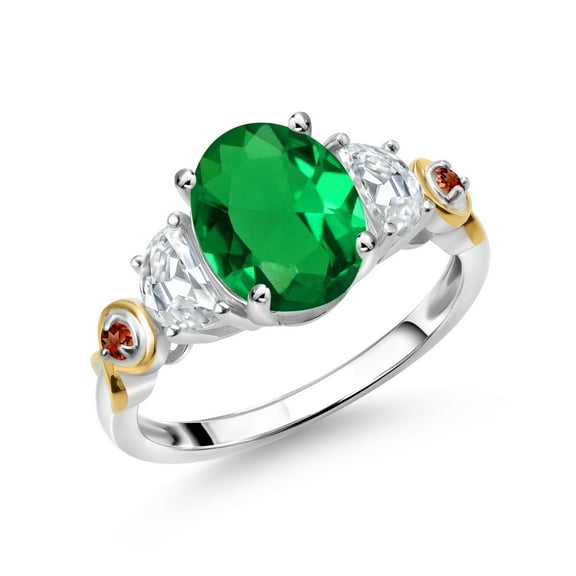 Gem Stone King 925 Silver and 10K Yellow Gold 3-Stone Ring Oval Green Nano Emerald and Moissanite (2.03 Cttw, Size 8)