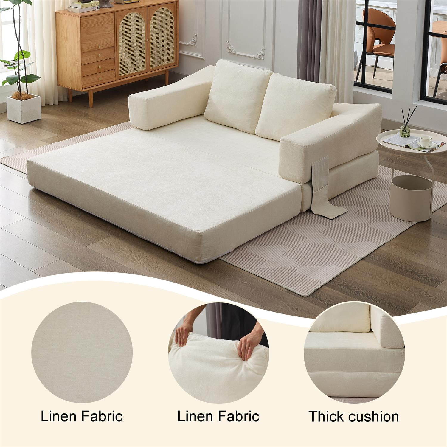 Demi Bonn 70" Modern Minimalist Convertible Sofa Bed, Fold-Out Sofa Chair, Versatile Floor Couch & Mattress for Living Room, Bedroom, Apartment, Removable Backrest, White