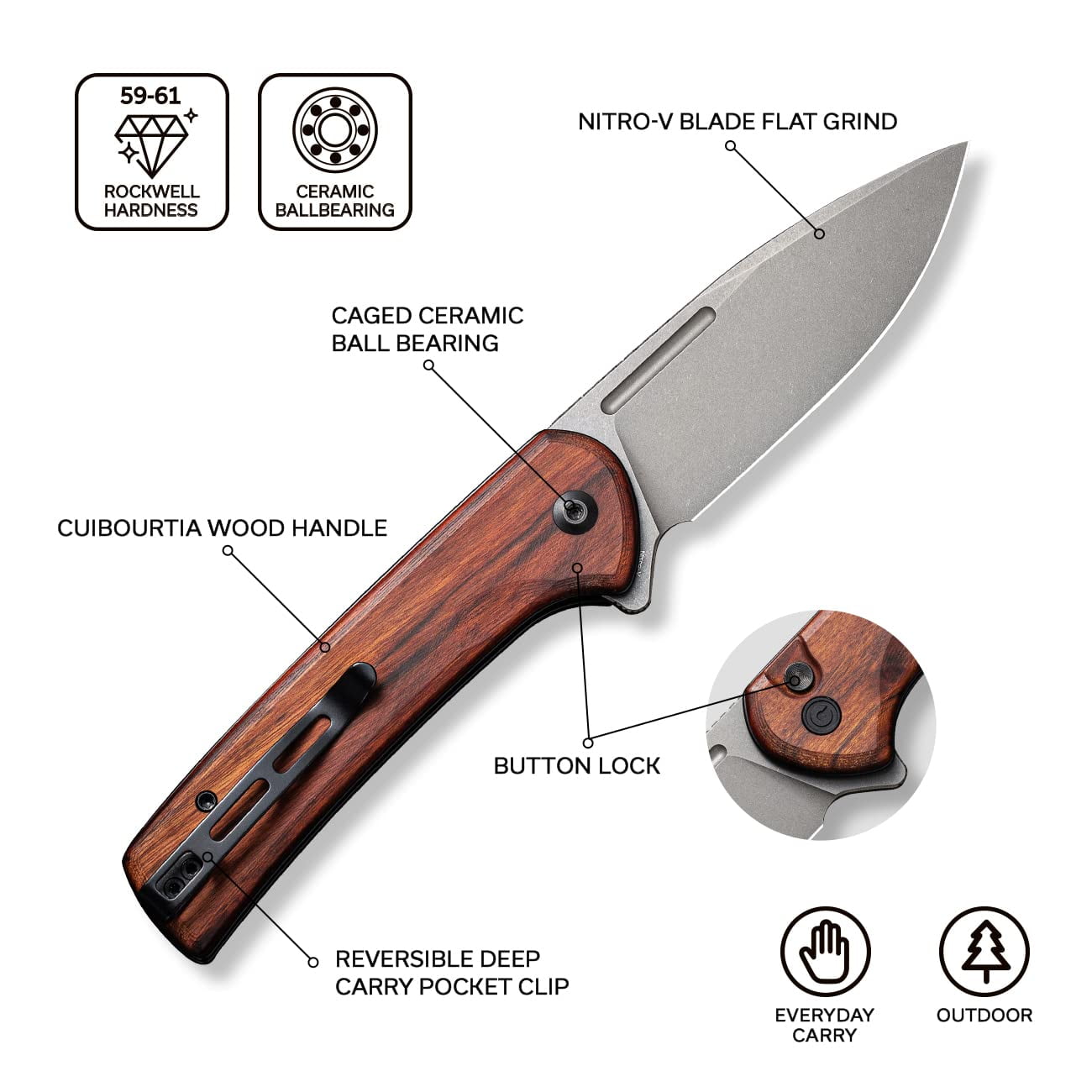 CIVIVI Pocket Knife Button Lock Folding Knife 3.48" Nitro-V Blade Cuibourtia Wood Handle Conspirator C21006-3
