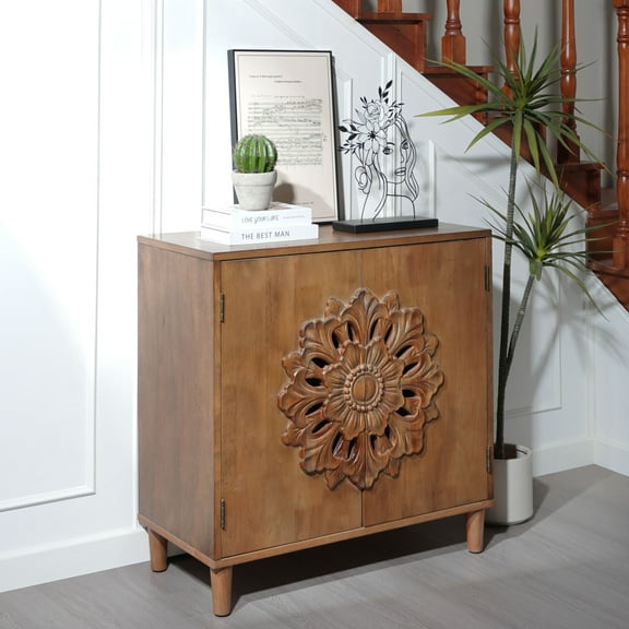GDF Studio 31" Rustic Carved Wood 2-Door Accent Cabinet, Storage Sideboard with Adjustable Shelves