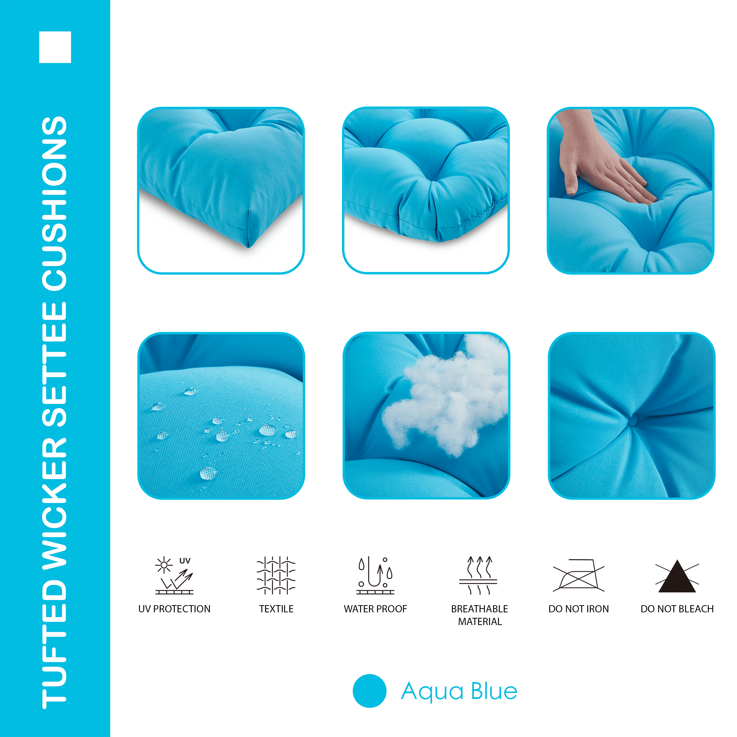 YOOZEKU Outdoor Tufted Wicker Chair Cushions of 3 Pieces, 1 Loveseat and 2 U-Shape All Weather Waterproof Patio Seat Cushions for Wicker Furniture,Bench, Aqua Blue