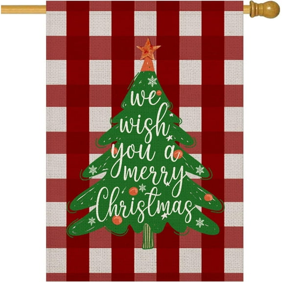 Red Christmas House Flags Christmas Trees Garden Flags 28x40 Inch Double Side Buffalo Check Plaid Background Yard Flags Winter Outside House Flag Cotton Linen Xmas Outdoor Flags (Trees)