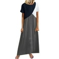 thumbnail image 2 of Usmixi Formal Dresses for Women Short Sleeve Round Neck Color Patchwork Summer Maxi Dresses High Waist Pleated Swing Tunic Long Dress Dark Gray M Up to 65% off, 2 of 7