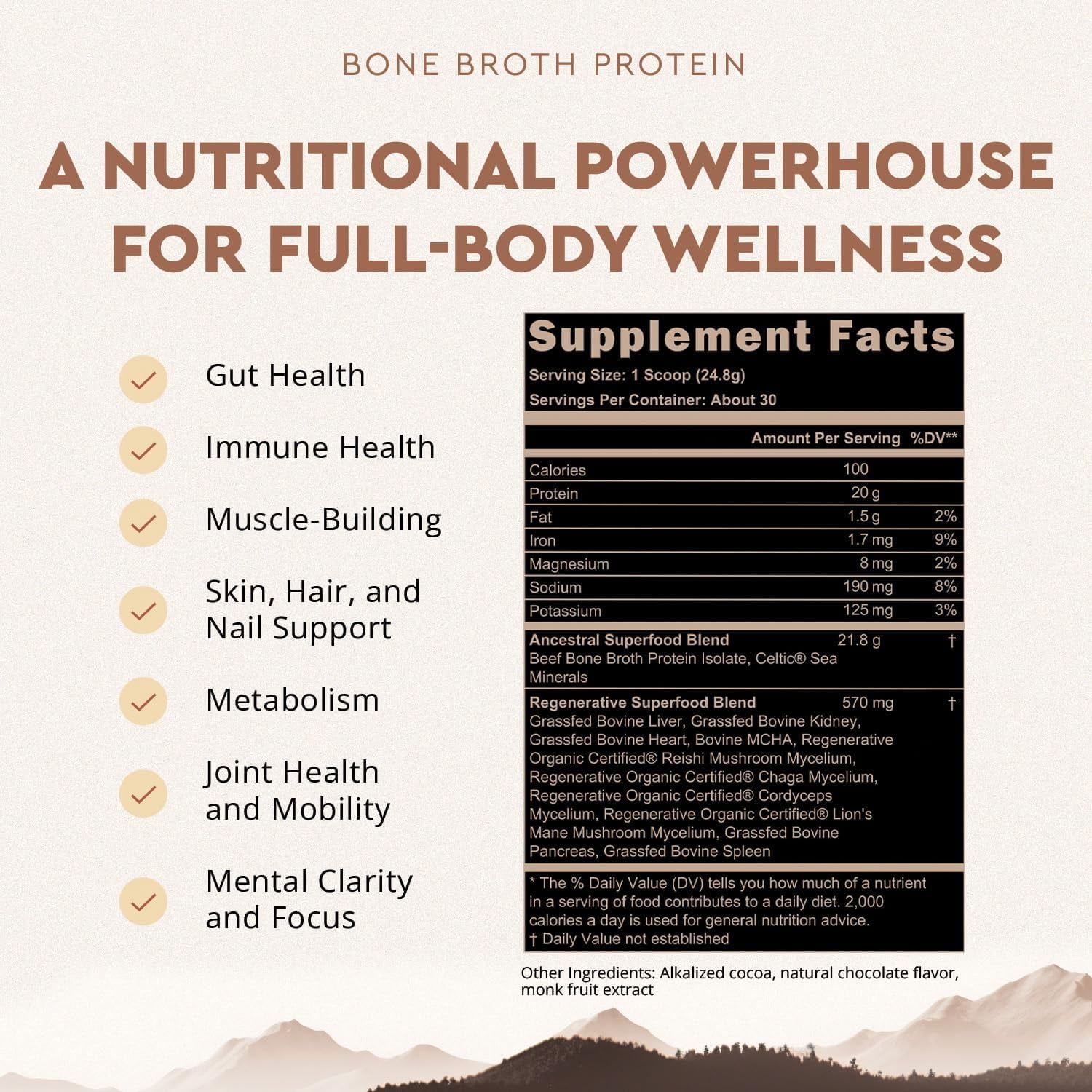 Ancestral Supplements Beef Bone Broth Protein Powder with Beef Organs & Organic Mushrooms, High Protein Supplement, Chocolate Flavor, 20g Protein Per Serving