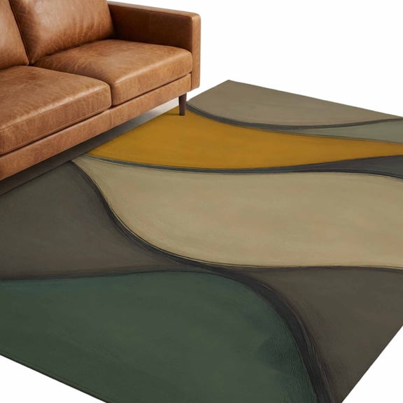 Grey Yellow Lines Area Rug 5x7ft Modern Abstract Minimalist Green Beige Ocean Waves Non-Slip Washable Rectangle Rugs Soft Felt Indoor Floor Mat for Bedroom Kitchen Living Room Bathroom