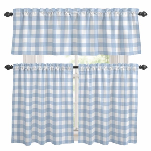 Light Blue Plaid Kitchen Curtains Sets for Windows 24 Inch Length, Modern Minimalist Country Rod Pocket Window Treatments Tier Curtains and Valances Set for Bedroom/Bathroom