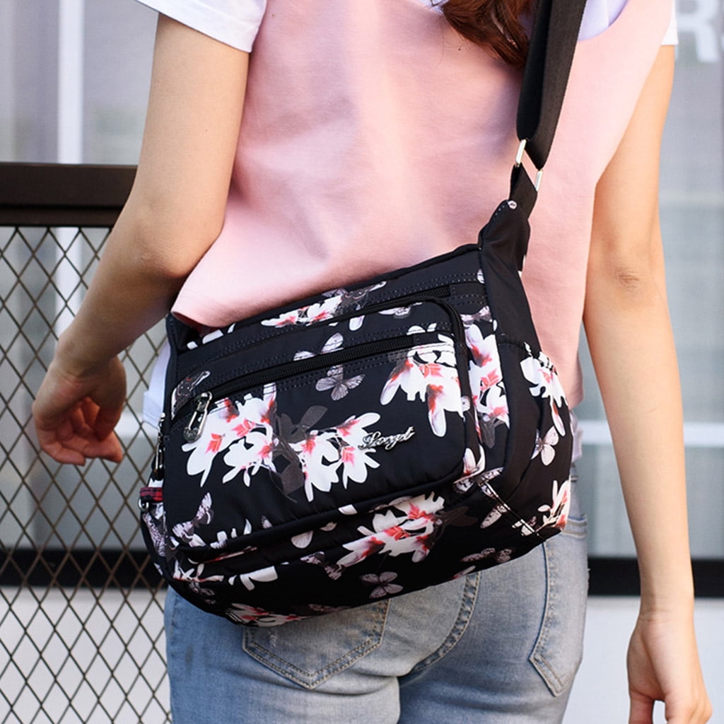 AOOOWER Nylon Floral Multi-Pocket Crossbody Purse Bags for Women Travel Shoulder Bag