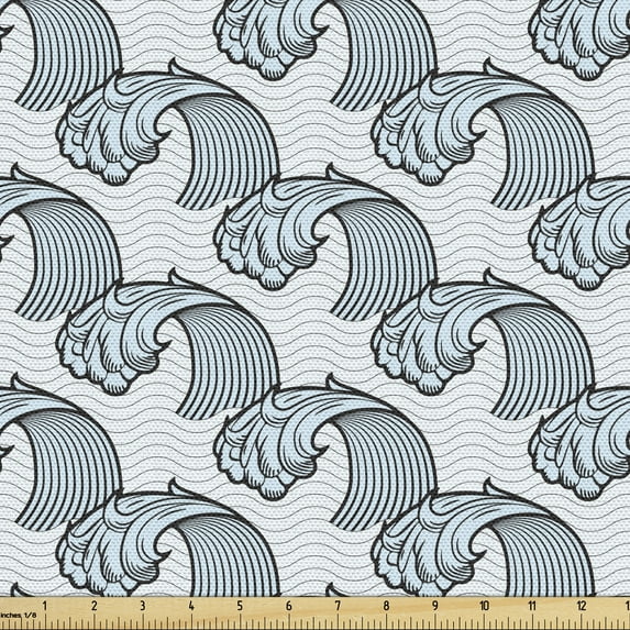 Waves Fabric by the Yard, Abstract Doodle Style Illustration of Pastel Wavy Sea, Decorative Upholstery Fabric for Chairs & Home Accents, 3 Yards, Pale Blue Pale Blue by Ambesonne