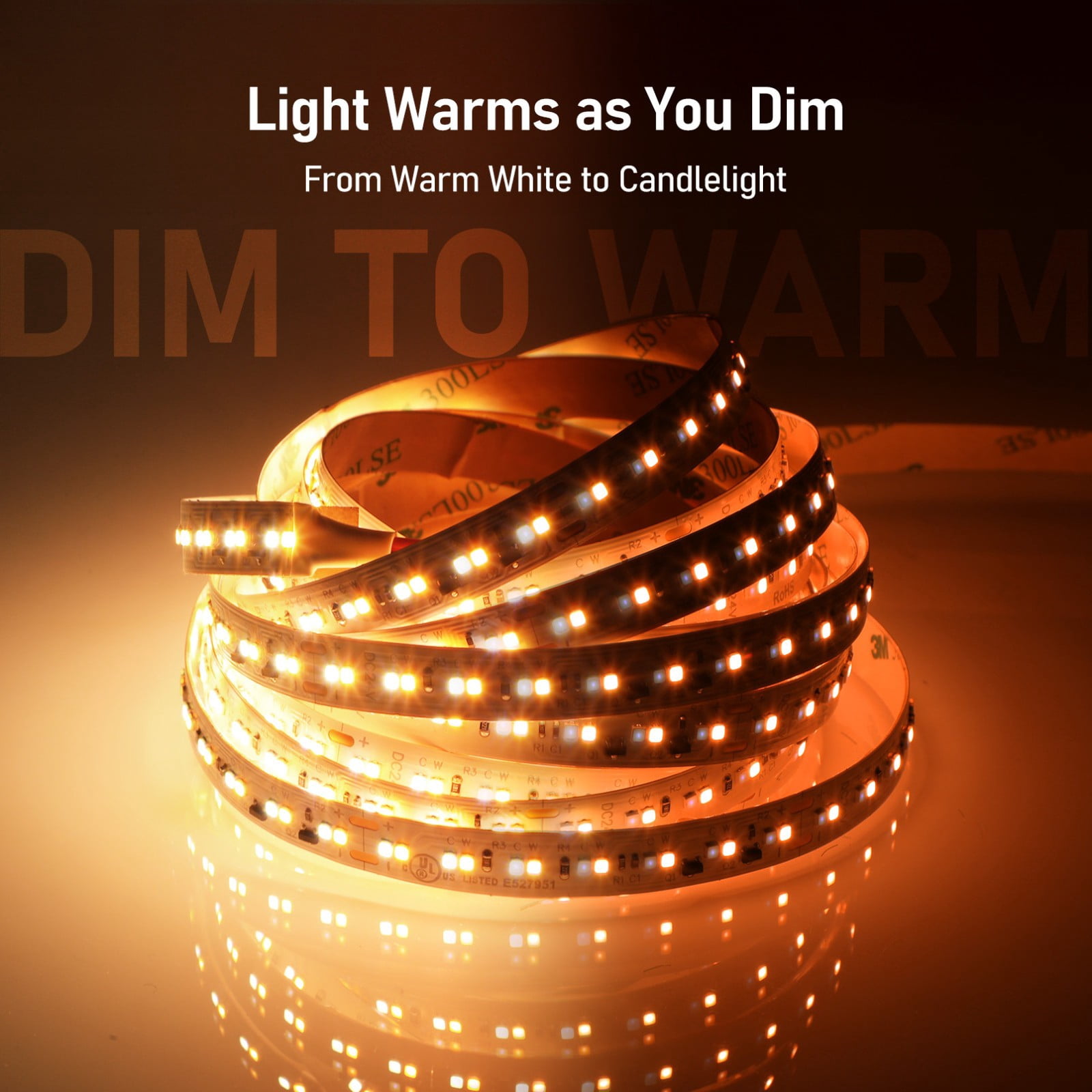 2 Pack 16.4ft Dim-to-Warm 24V LED Strip Light, 3000K to 1800K Dimmable Tape Light for Bedroom, Living Room, 4.7W/ft, UL & CE Listed