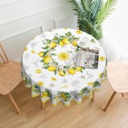 Lemon Floral Wreath Round Tablecloth Waterproof & Washable Table Cover Polyester Table Cloth for Kitchen Dining Tablet Party Dining Tablet