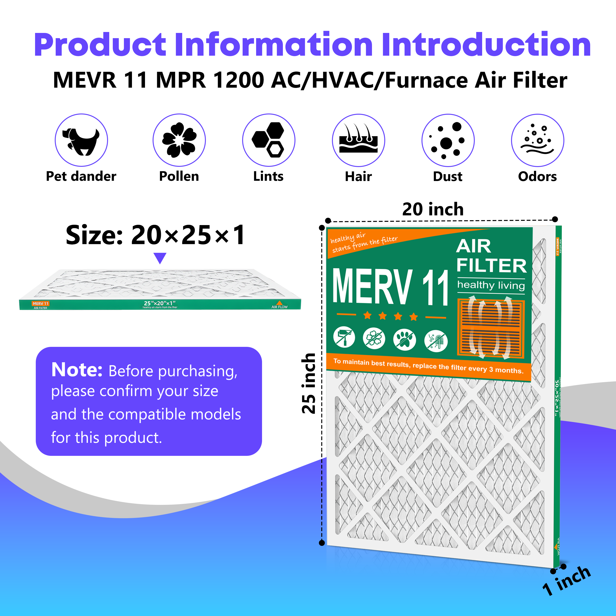 SUIXINEYI  20x25x1 MERV11 Air Cleaning Filter Non-Woven Fabric HVAC Furnace With Pleated Design for Home,6 Packs