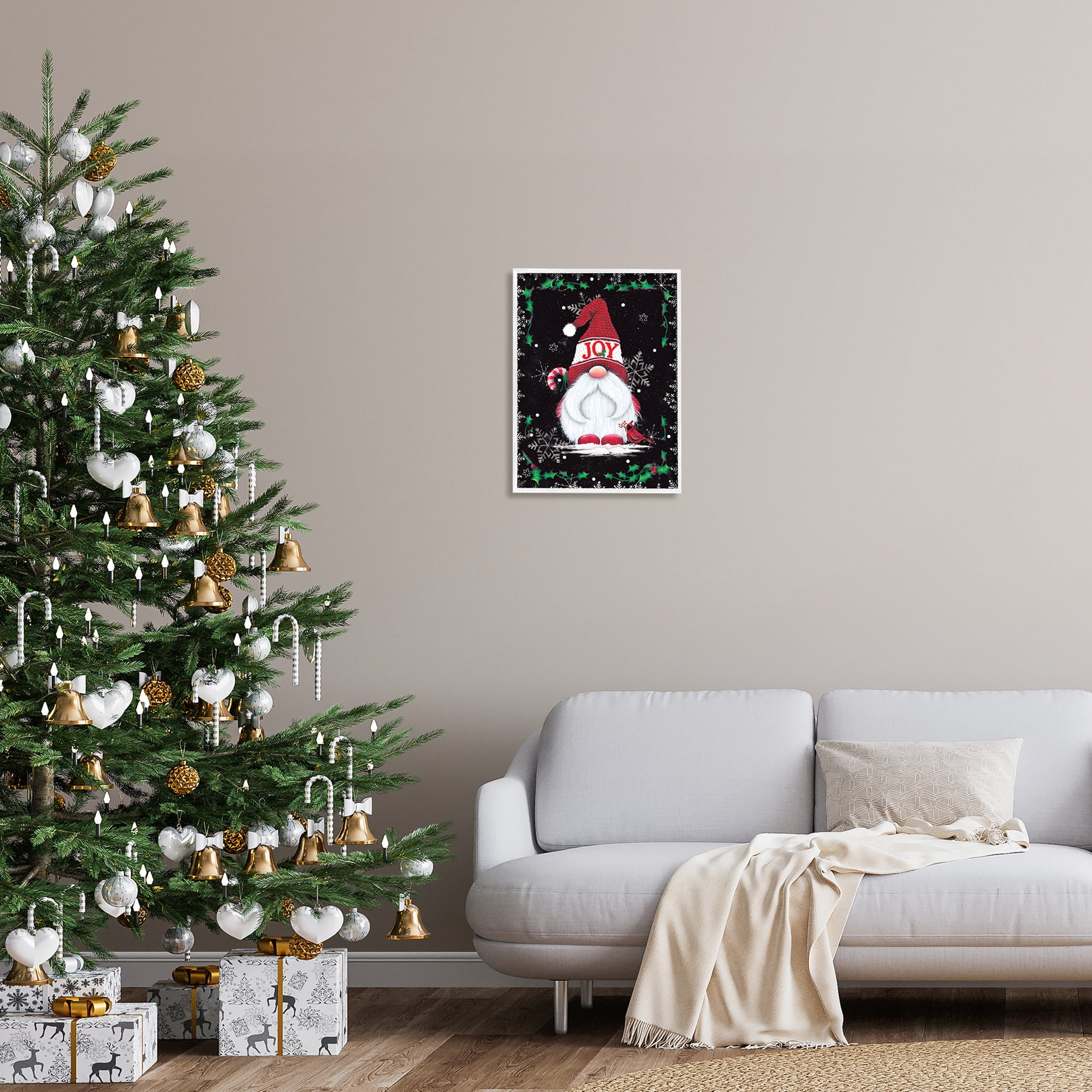 Joyful Red Gnome & Cardinal Holly Botanical Border Fairy Tales & Fantasy Graphic Art Framed Art Print Wall Art