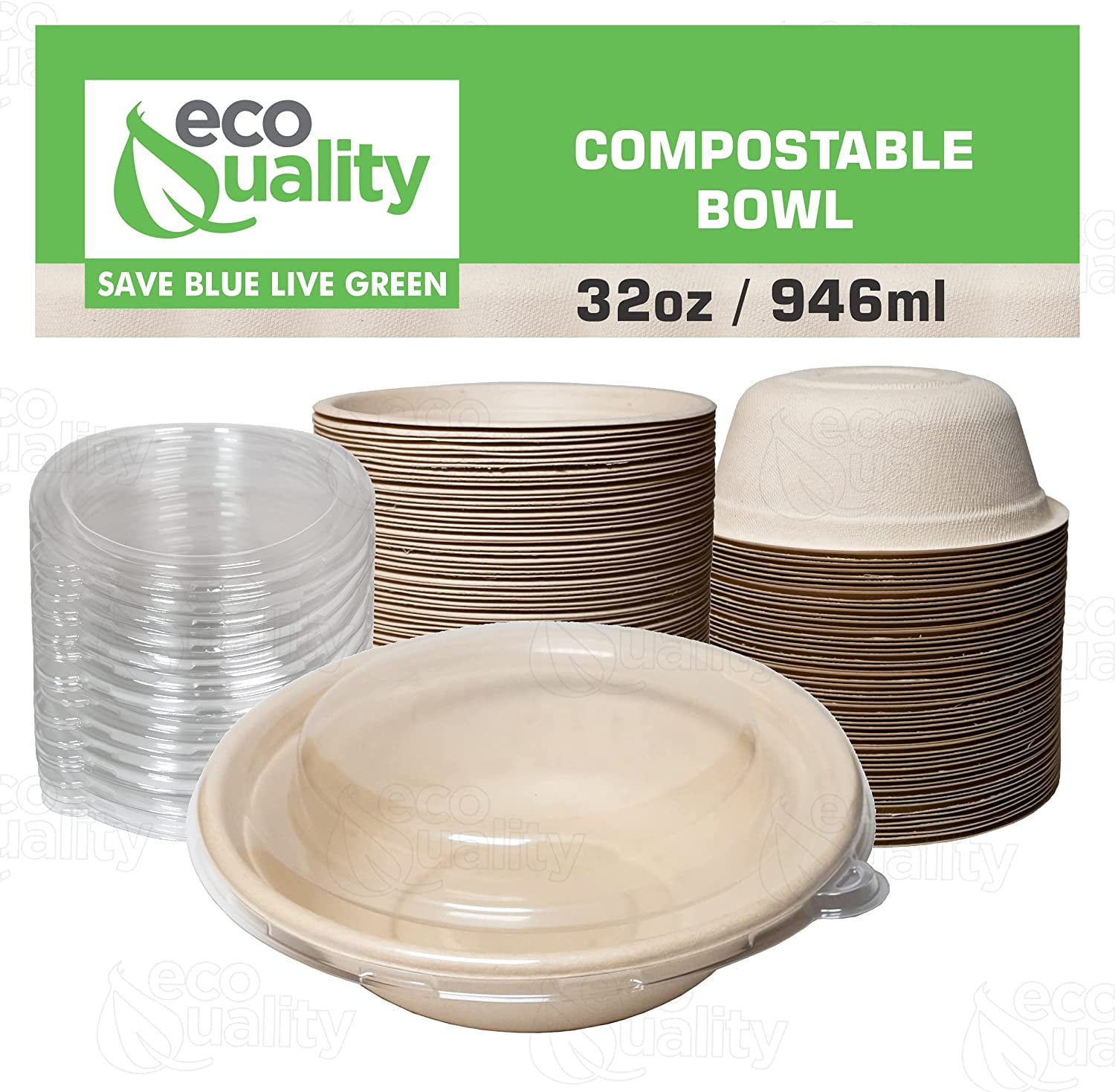 [25 Pack] 32 oz Round Disposable Compostable Paper Bowls with Dome Lids Heavy-Duty, Eco-Friendly Natural Bagasse Unbleached, Heat Resistant, 100% Salad Bowls Alternative to Plastic
