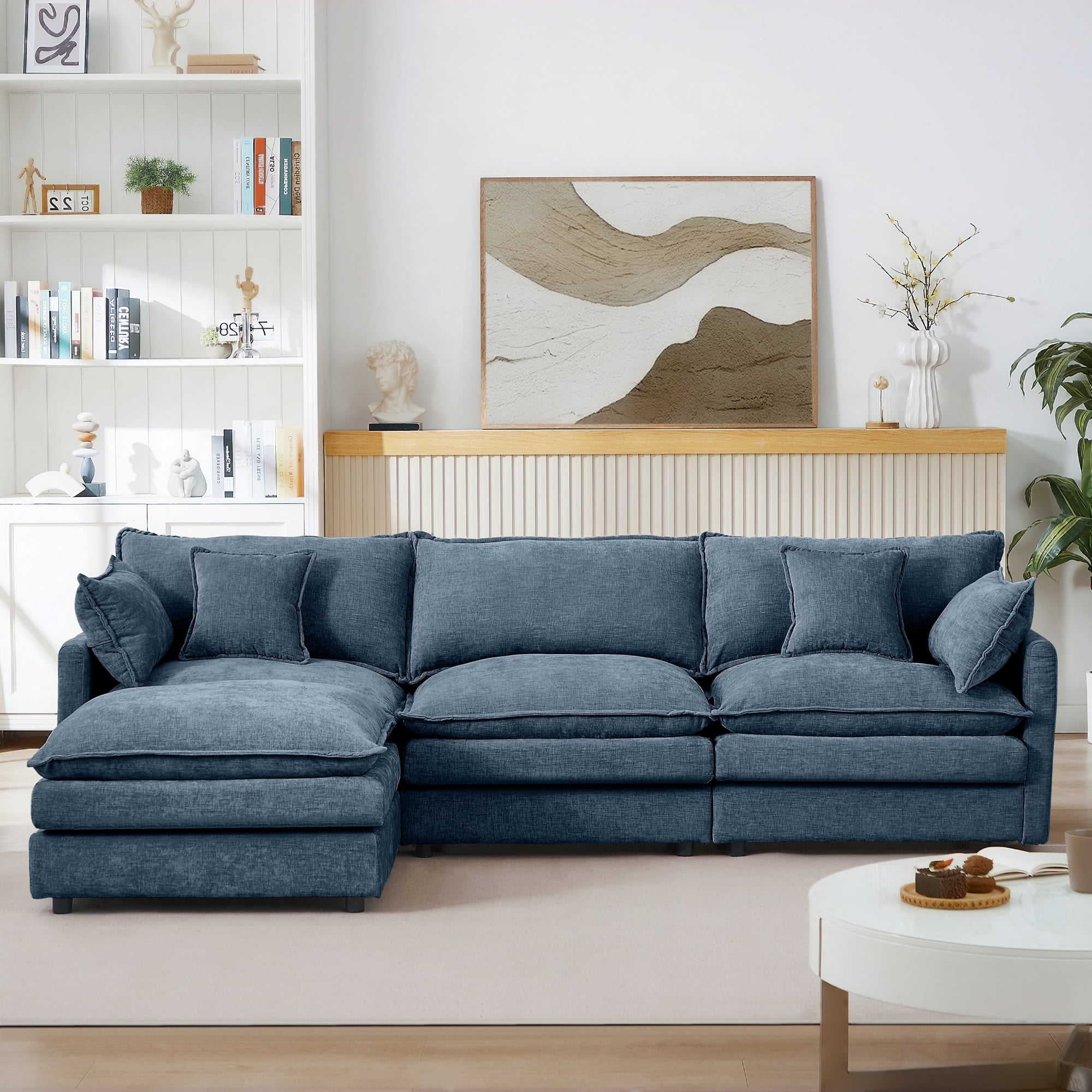 BINBANK Sectional Modular Sofa L Shaped Chenille Fabric Couch with High Supportive & Soft Sponges and Removable Ottoman, Sleeper Comfy Upholstered Furniture for Living Room,3-Seater,Blue