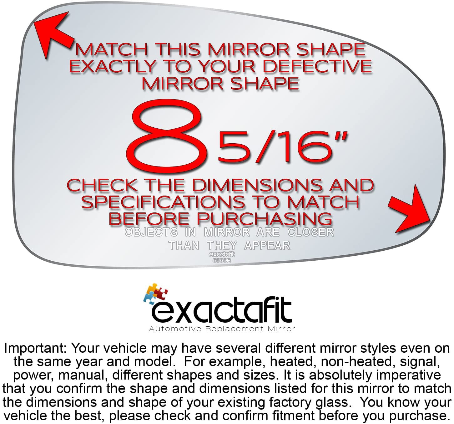 exactafit 8399R Replacement Passenger Right Side Mirror Glass Convex Lens fits 2000-2005 Chevy Impala by Rugged TUFF 