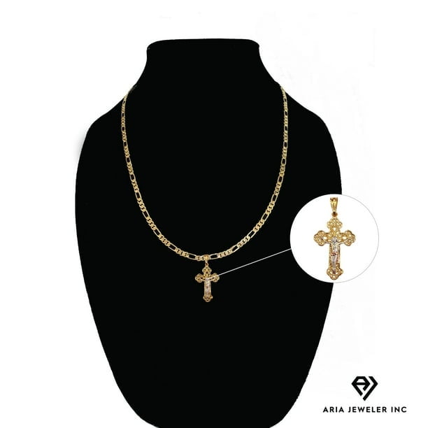 14k Bonded Gold Necklace with Crucifix Pendant Best Unisex Gift for Mother Father Girlfriend Boyfriend Her Him 14K Figaro Chain Necklace by Aria Jeweler Inc Walmart