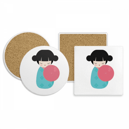 

Blue Kimono Sakura Japan Doll Coaster Cup Mug Holder Absorbent Stone Cork Base Set