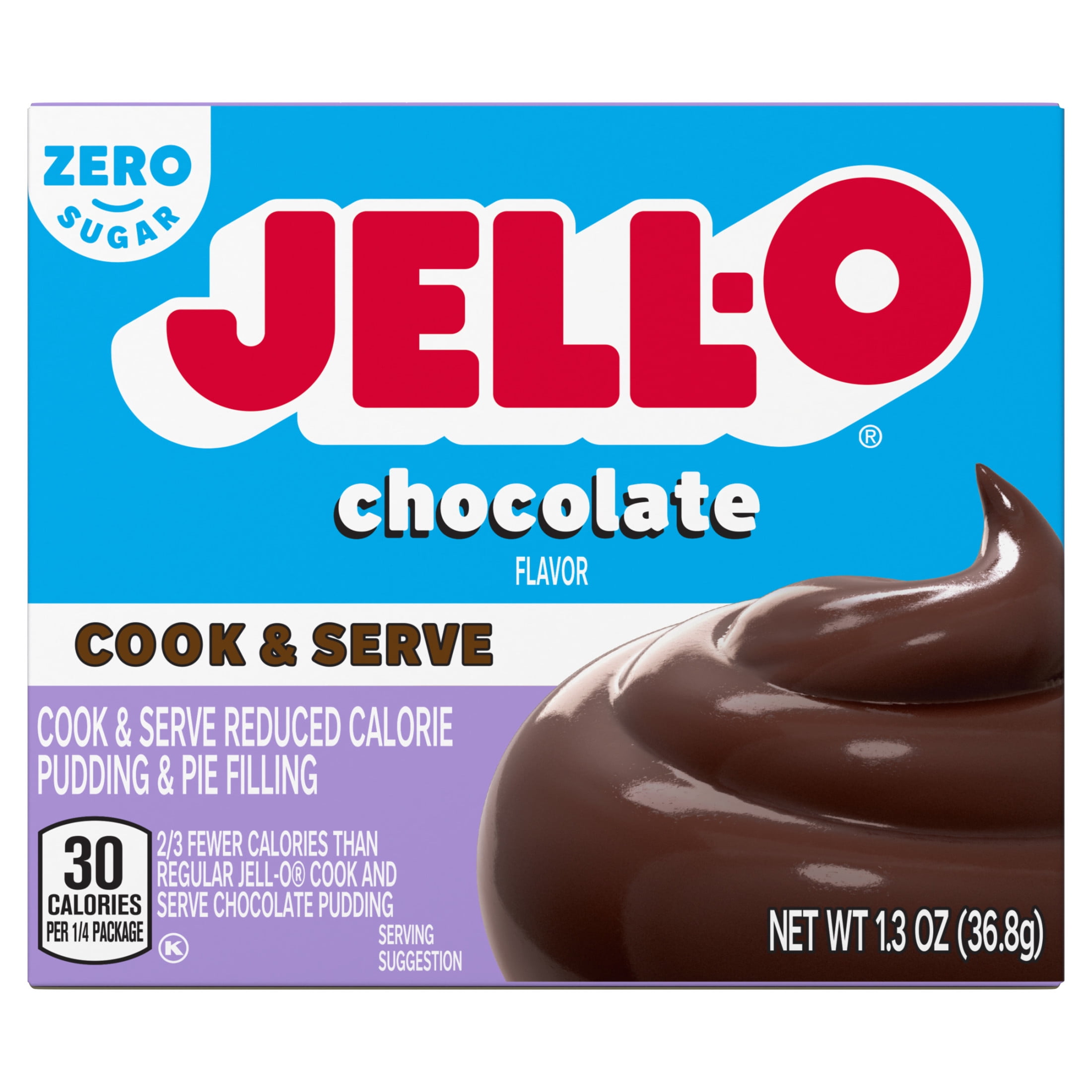 (24 pack) Jell-O Chocolate Flavor Zero Sugar Cook & Serve Reduced Calorie Pudding & Pie Filling Mix, 1.3 oz Box