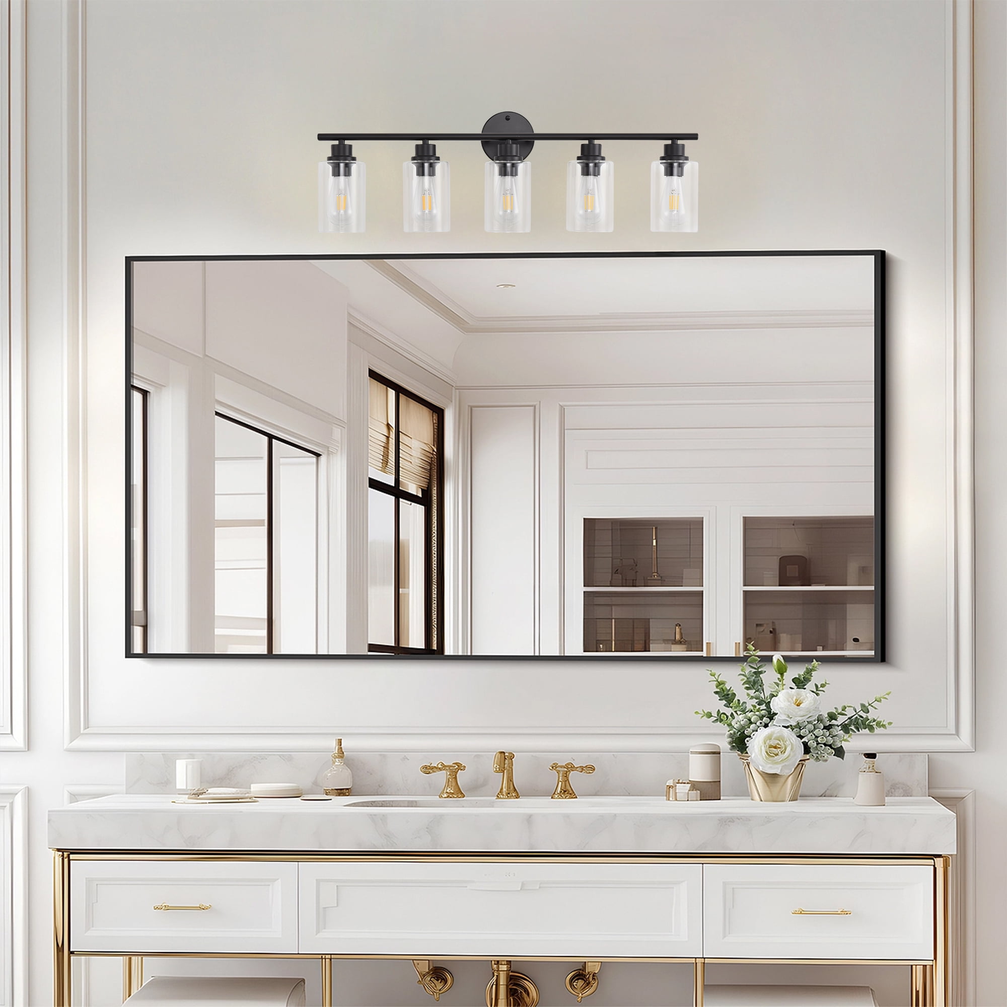 5-Light Modern Vanity Light with Clear Glass Shade - Dimmable Bathroom Black Wall Lamp for Mirror, Kitchen, Hallway