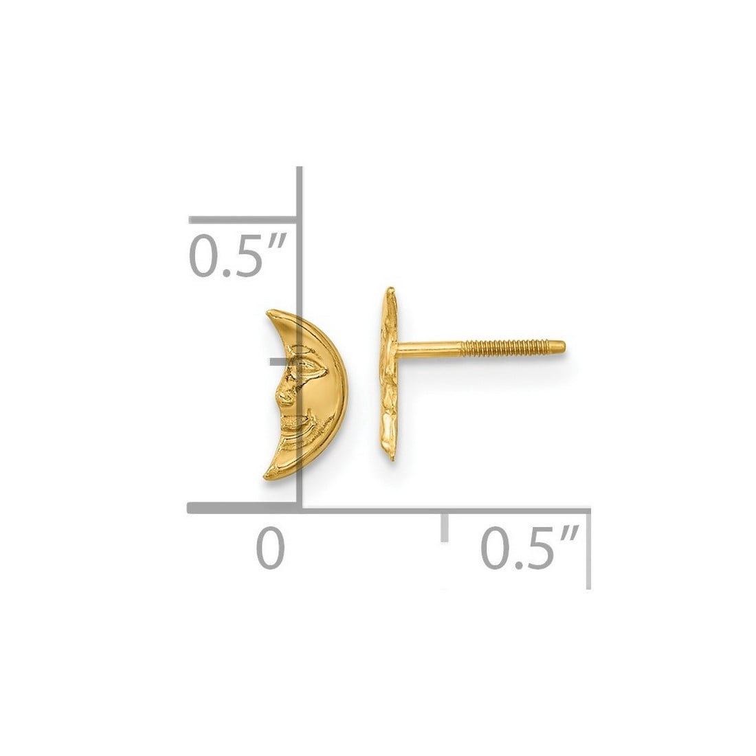 14k Yellow Gold Polished Half Celestial Moon Screw back Moon With Face Post Earrings 8x4mm Wide Stud Earring for Women