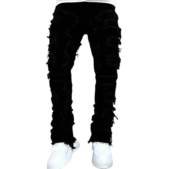 Reppunk Stylish Men Hiphop Stacked Spliced Washed Slim Jeans Pants High Quality Streetwear Beige Plain Distressed Straight Biker Denim Trousers