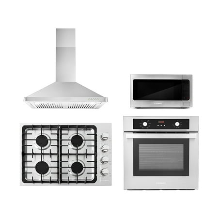 Cosmo 4 Piece Kitchen Package 30  Gas Cooktop 30  Wall Mount Range Hood 24  Single Electric Wall Oven & 24.4  Countertop Microwave
