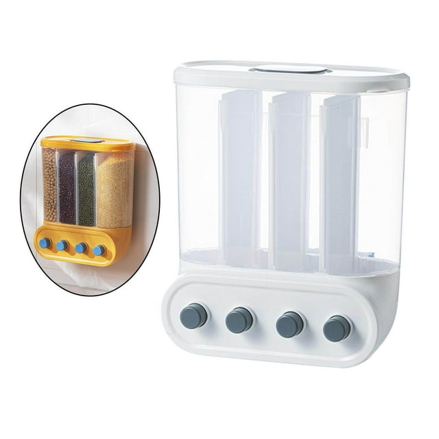 Wall-Mounted Dry Food Storage Dispenser Grains Rice Box Candy rice dry food Organizer 4 Grid White