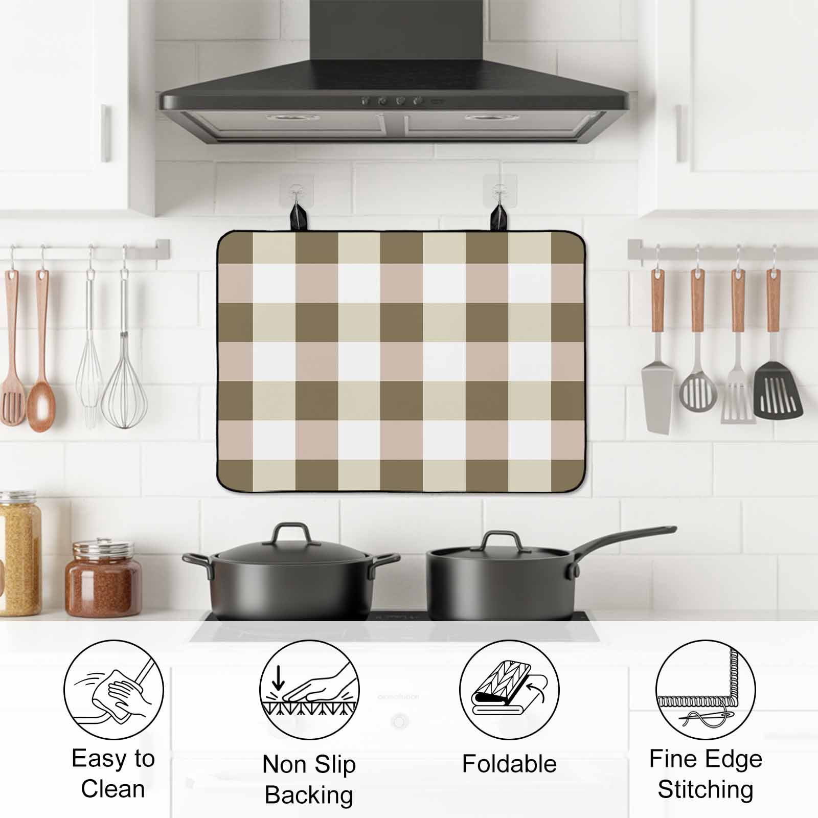 Brown Plaid Stove Top Cover for Electric Stove, Heat-proof & Non Slip Glass Top Stove Cover Protector, Spring Summer Farmhouse Buffalo Checkered Kitchen Flat Cooktop Rubber Mat 28.5x20.5 Inches