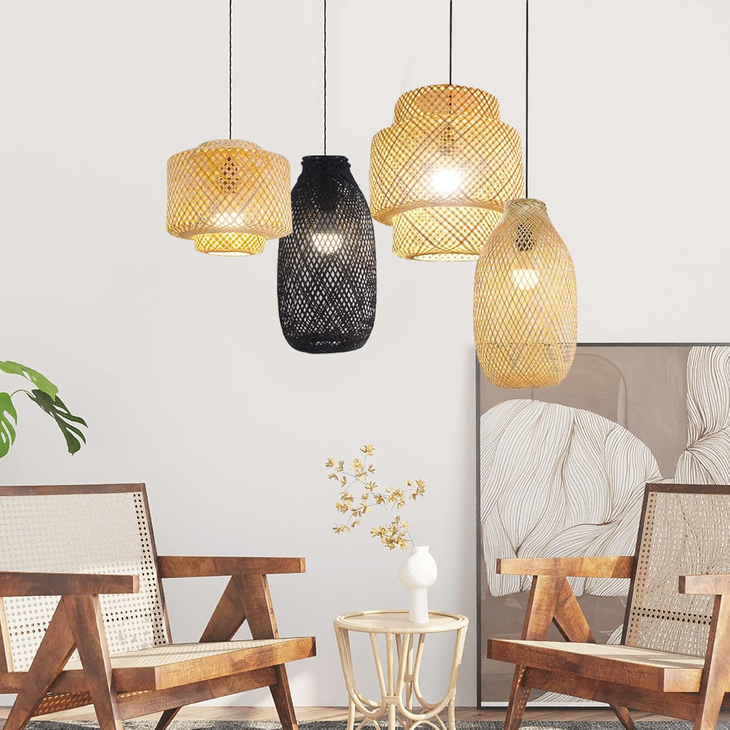 Small Gorgeous Wicker Bamboo Bulb Guard, LAMP Shade ONLY, Natural Wicker Chandelier Bamboo Lamp Shade For Pendant Light, Light Fixtures Ceiling Hanging For Living Room Kitchen (9.8'' x H10.6'')