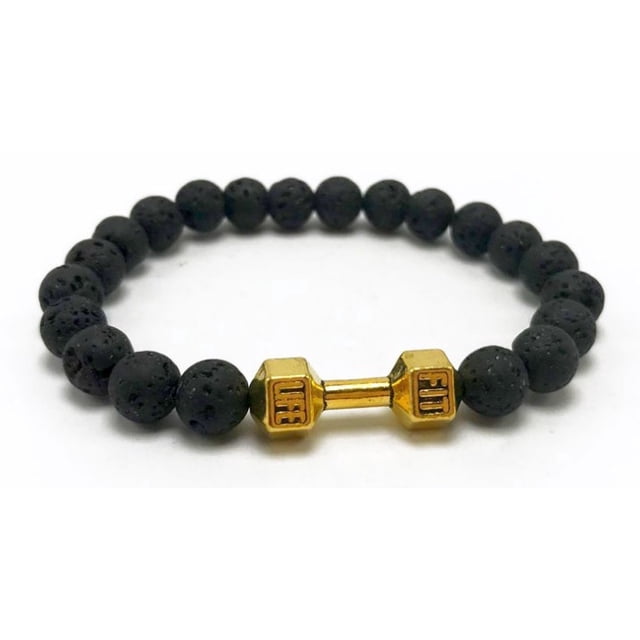 pulsera de mancuernas de piedra de lava volcánica negra natural pulseras de cuentas mate negras para mujeres hombres fitness barbell joyería vista frontal centrada, pulsera elástica con cuentas negras mate de lava volcánica y adorno central en forma de mancuerna color oro; cuentas redondas porosas sobre fondo blanco, adecuada como accesorio unisex para uso diario y a menudo usada como complemento de estilo deportivo.