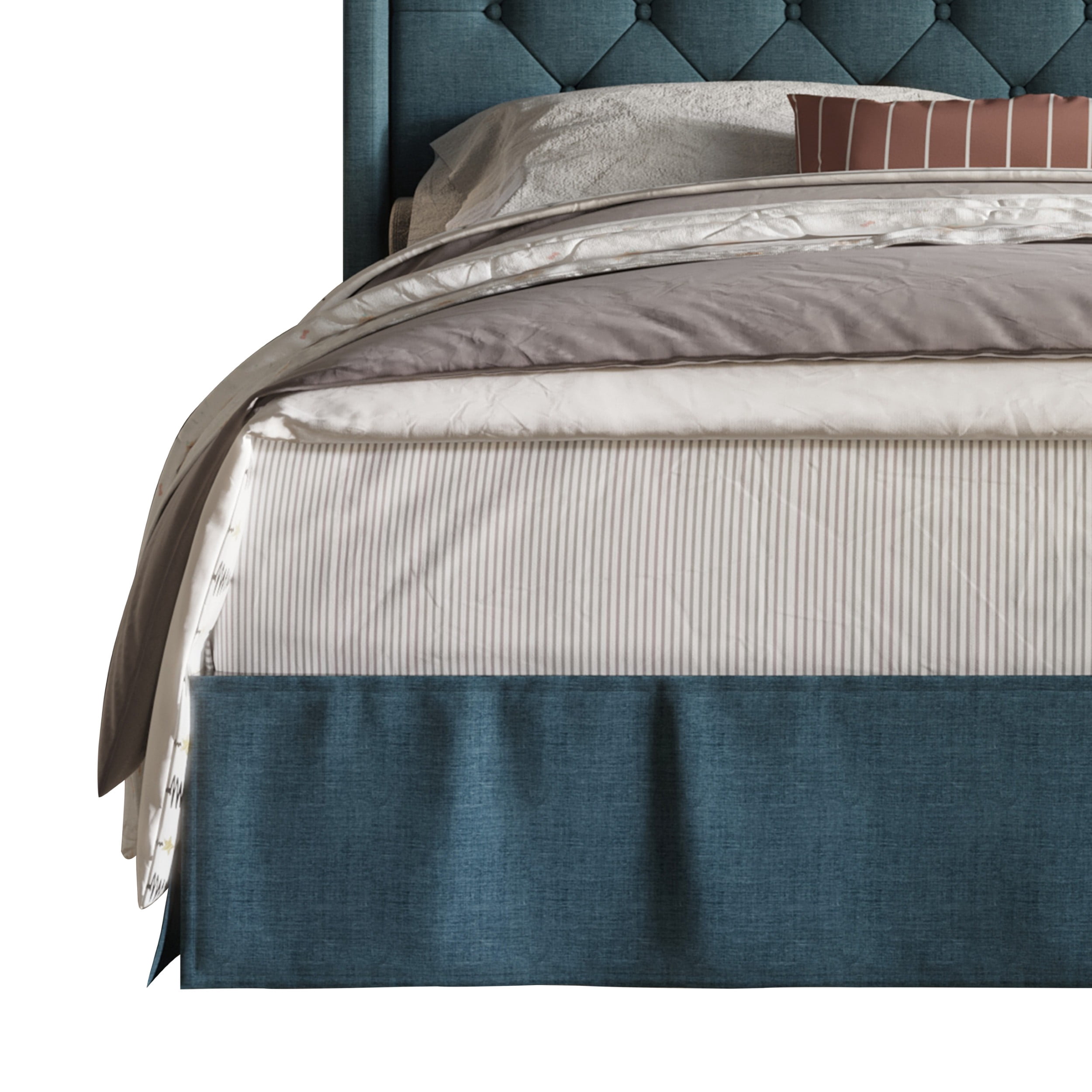 Home Design Eleanor King Upholstered Platform Bed Frame with Nailhead Trim, Button Tufted Camelback Wingback Headboard, Denim Blue – Easy Assembly